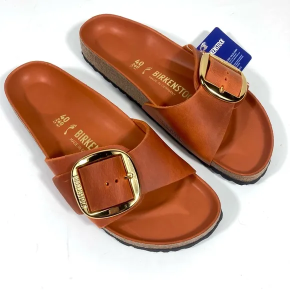 Birkenstock Madrid Big Buckle Slide Sandals Oiled Leather Burnt Orange NEW