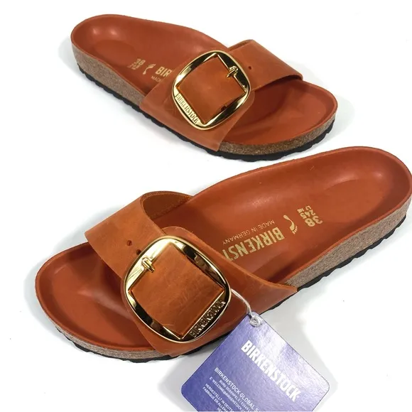 Birkenstock Madrid Big Buckle Slide Sandals Oiled Leather Burnt Orange NEW