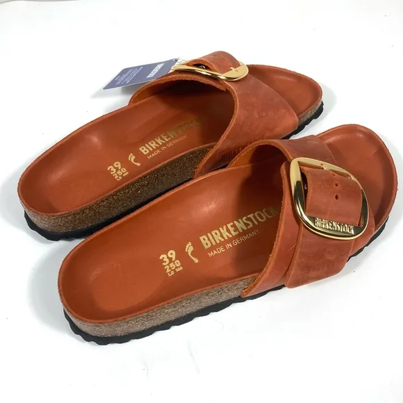 Birkenstock Madrid Big Buckle Slide Sandals Oiled Leather Burnt Orange NEW