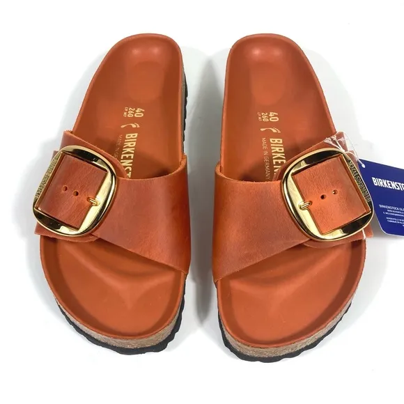 Birkenstock Madrid Big Buckle Slide Sandals Oiled Leather Burnt Orange NEW