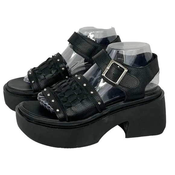 Black Chunky Platform Shoes with Studded Straps
