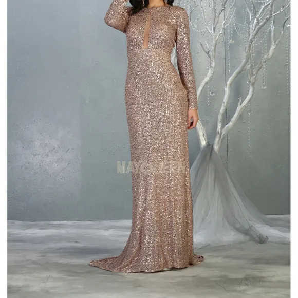 Black formal dress, long sleeve sequin gown in gold, blue, rose gold floor lengt