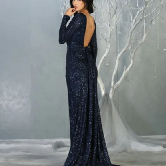 Black formal dress, long sleeve sequin gown in gold, blue, rose gold floor lengt