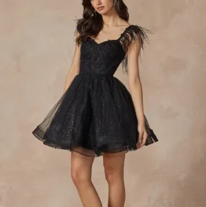 Black formal dress, silver,red,gold short feather detail