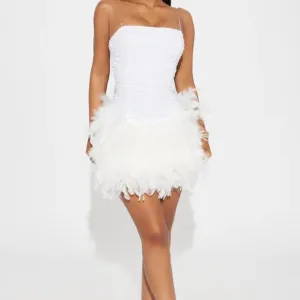 Black formal dress. White prom dress. Pink mini strapless sequin feather gown