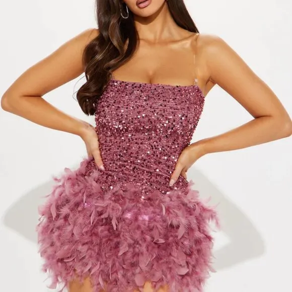 Black formal dress. White prom dress. Pink mini strapless sequin feather gown