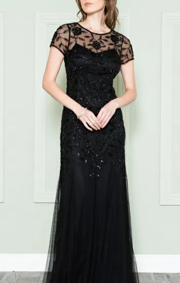 Black formal dress,navy,burgundy short sleeve fitted lace applique dress
