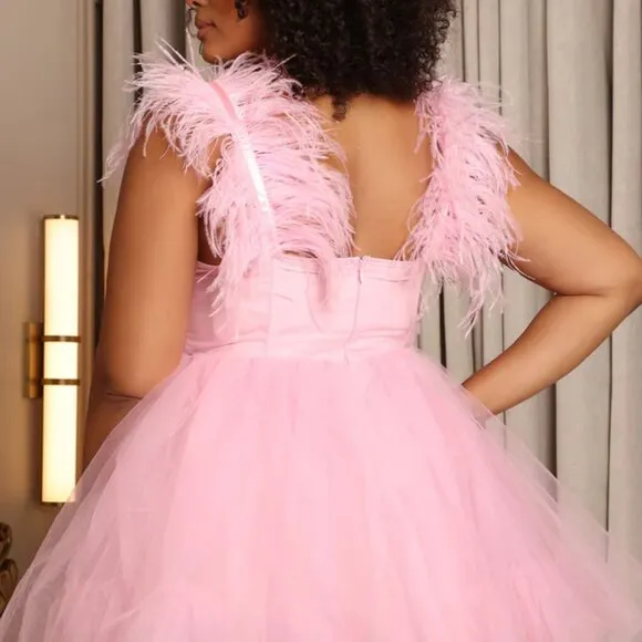 black formal dress.pink prom dress. Short feather tulle mini dress