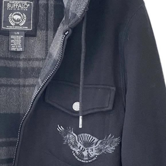 Black Hooded Jacket Buffalo David Bitton Bomber Varsity Shacket Mens Size Large