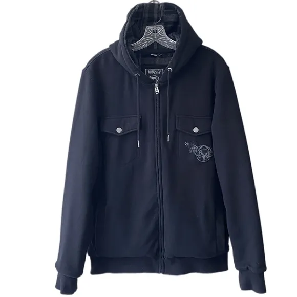 Black Hooded Jacket Buffalo David Bitton Bomber Varsity Shacket Mens Size Large