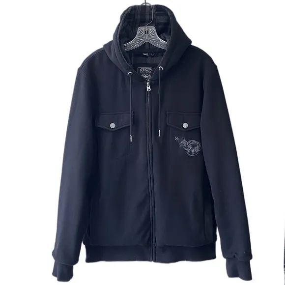 Black Hooded Jacket Buffalo David Bitton Bomber Varsity Shacket Mens Size Large