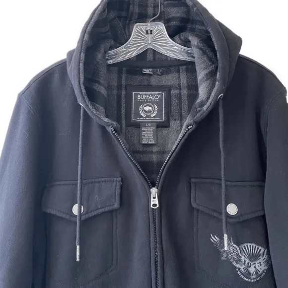 Black Hooded Jacket Buffalo David Bitton Bomber Varsity Shacket Mens Size Large