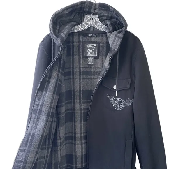 Black Hooded Jacket Buffalo David Bitton Bomber Varsity Shacket Mens Size Large