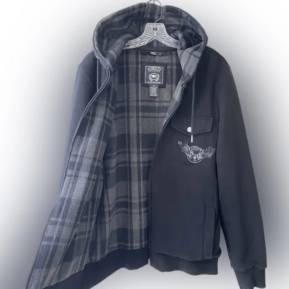 Black Hooded Jacket Buffalo David Bitton Bomber Varsity Shacket Mens Size Large