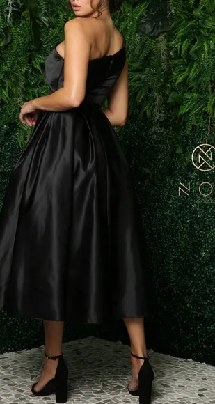 Black satin one shoulder cocktail dress