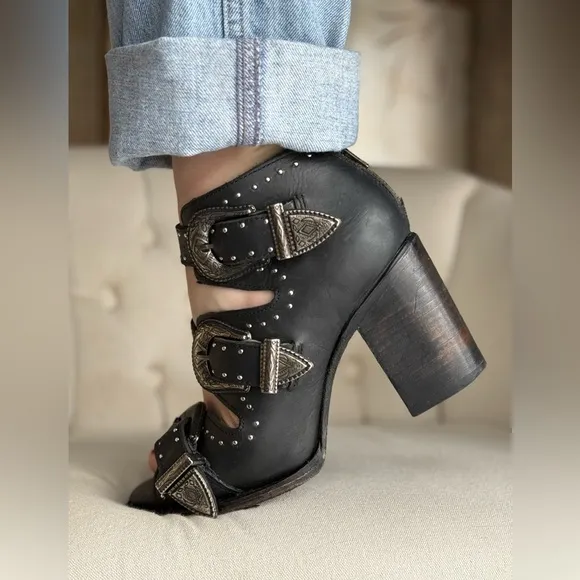 Black Western Buckle Ankle Boots leather shoes