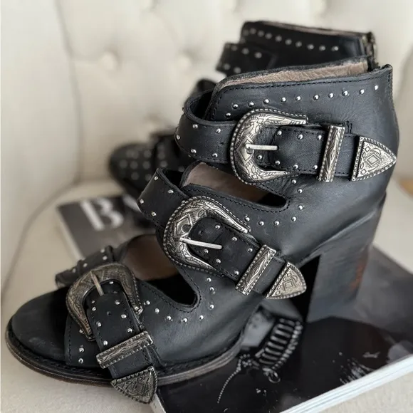 Black Western Buckle Ankle Boots leather shoes
