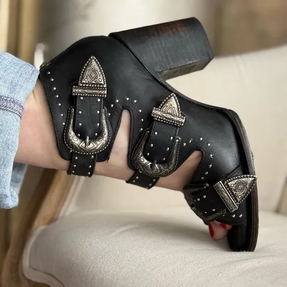 Black Western Buckle Ankle Boots leather shoes