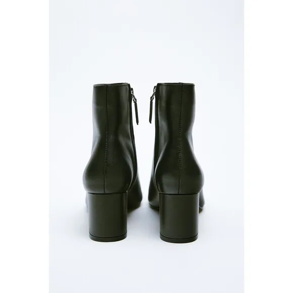 Black Zara Leather Mid-Heel Almond Toe Ankle Boots (NWT)