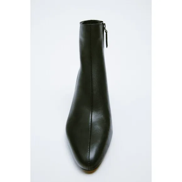 Black Zara Leather Mid-Heel Almond Toe Ankle Boots (NWT)