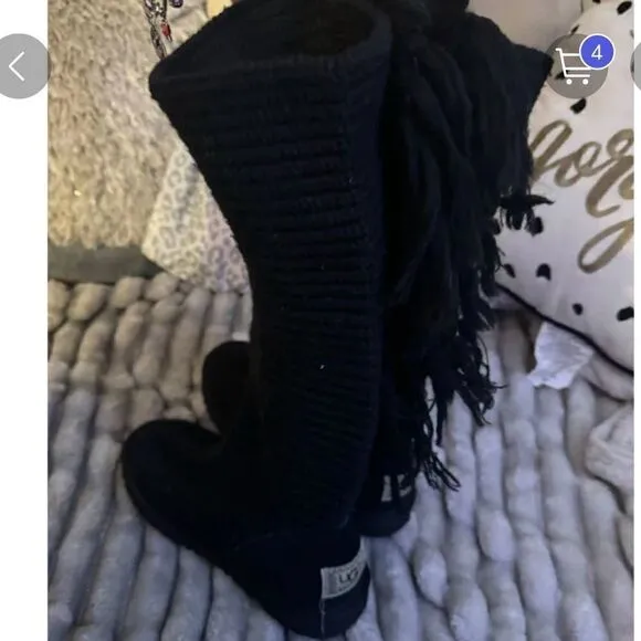 Black fringe Cardy sweater knit pull on button up boots, 9.5 guc