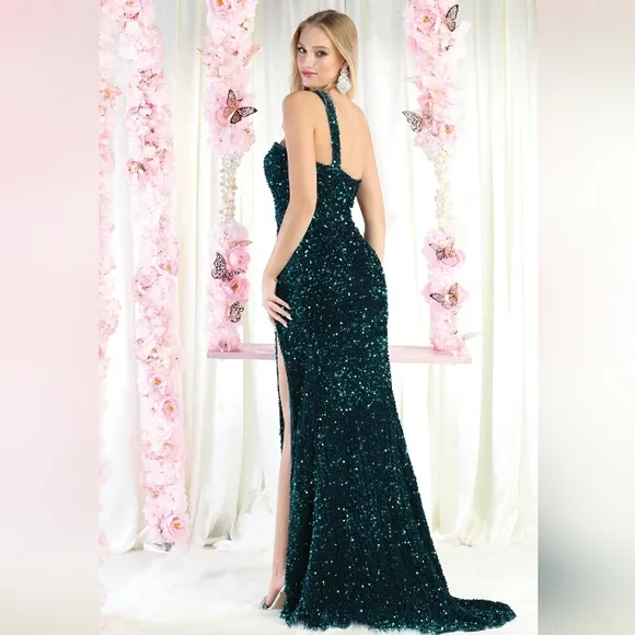 Black,green, blue,pink fitted sequin long one shoulder gown