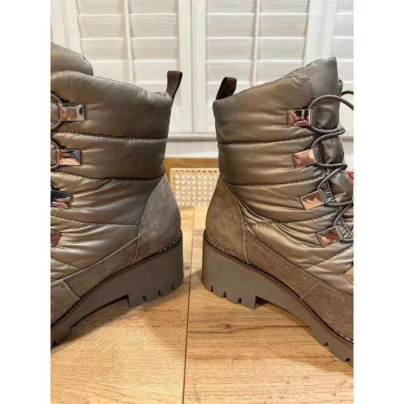 Blondo Daylor Waterproof Boots Size 9.5 NWT Taupe Nylon Upper &amp; Suede Comfy Warm