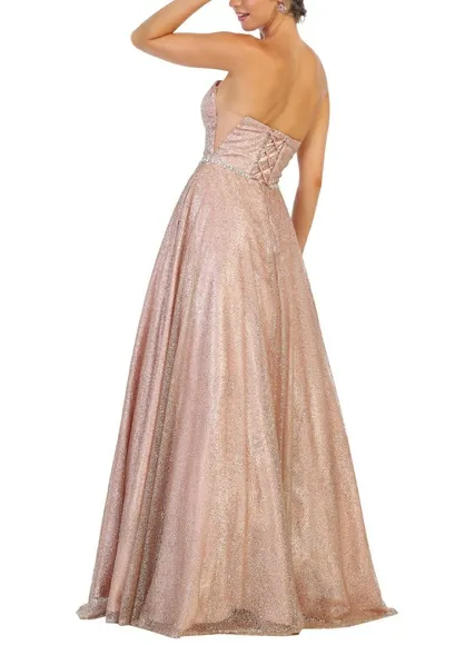 Blue or rose gold strapless floor length ball gown dress