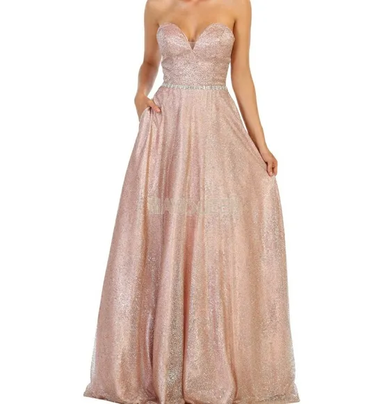 Blue or rose gold strapless floor length ball gown dress