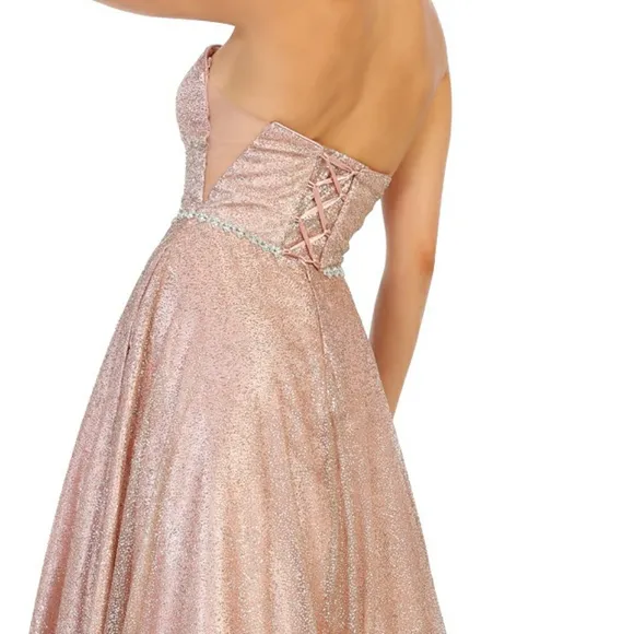Blue or rose gold strapless floor length ball gown dress