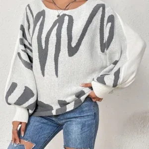 Boat Neck Pullover Sweater Graphic Pattern, Elegant Lantern Sleeve Oversized Swe