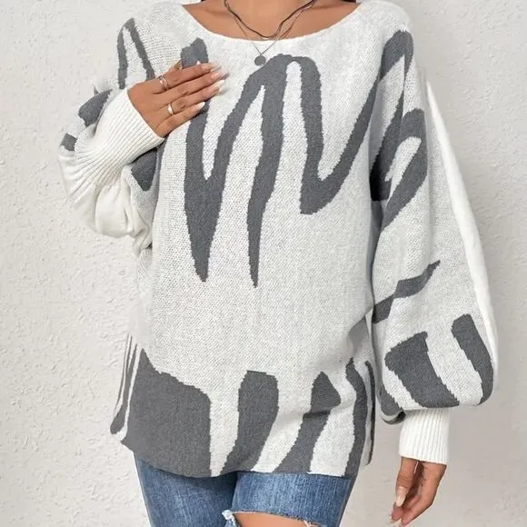 Boat Neck Pullover Sweater Graphic Pattern, Elegant Lantern Sleeve Oversized Swe