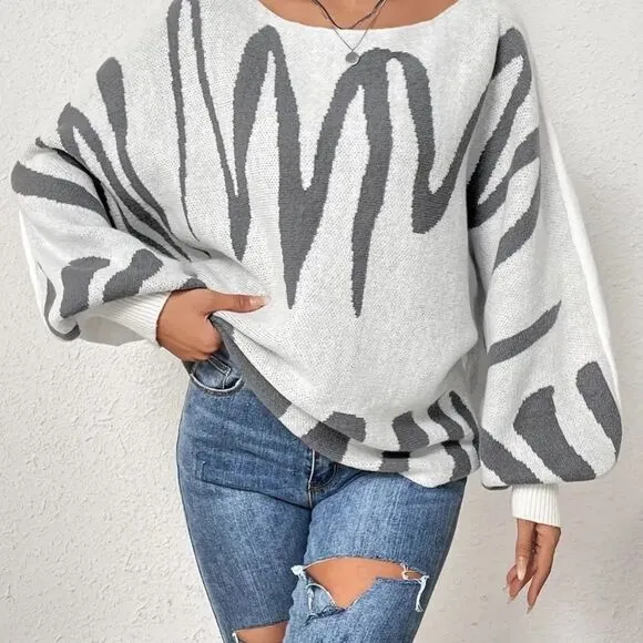 Boat Neck Pullover Sweater Graphic Pattern, Elegant Lantern Sleeve Oversized Swe
