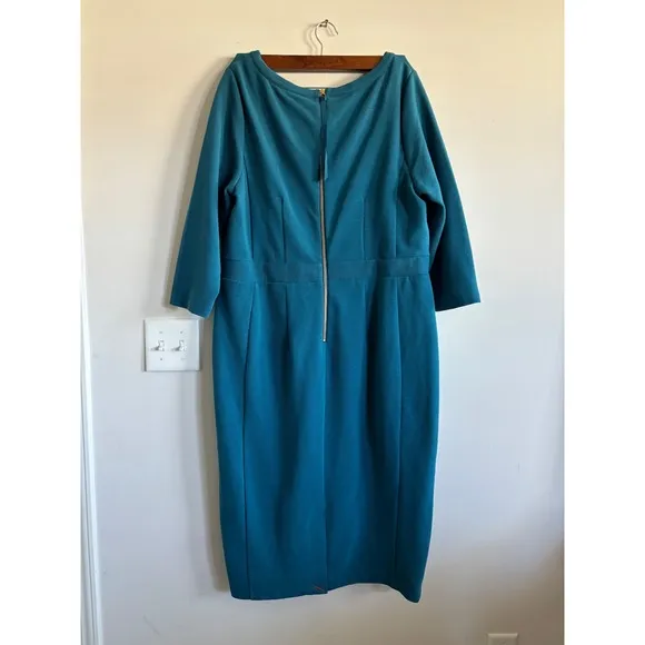 Boden Textured Stretch Sheath Dress Career Work Office Teal Blue 16 R