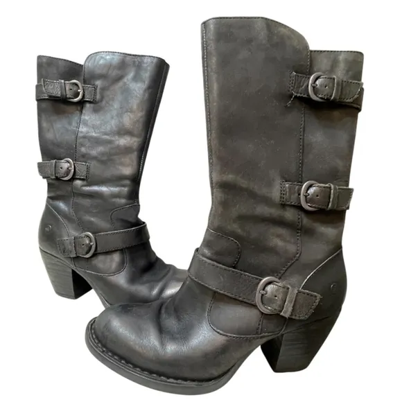 Born Black Leather Buckle Boots with Zipper, Color Black, Size Women’s 6.5M