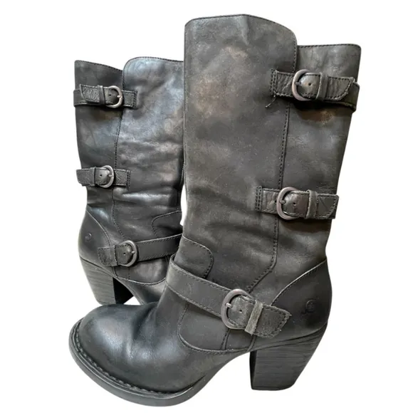 Born Black Leather Buckle Boots with Zipper, Color Black, Size Women’s 6.5M