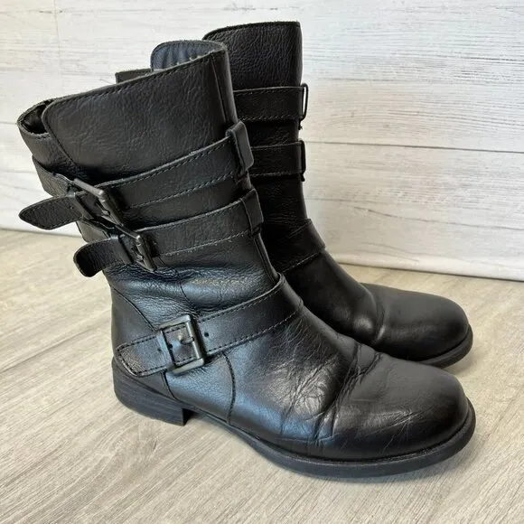 Born B.O.C. Boots Womens Size 6M Black Leather Moto Natural Neutral Buckle Ankle