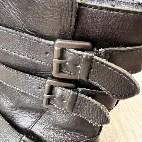 Born B.O.C. Boots Womens Size 6M Black Leather Moto Natural Neutral Buckle Ankle