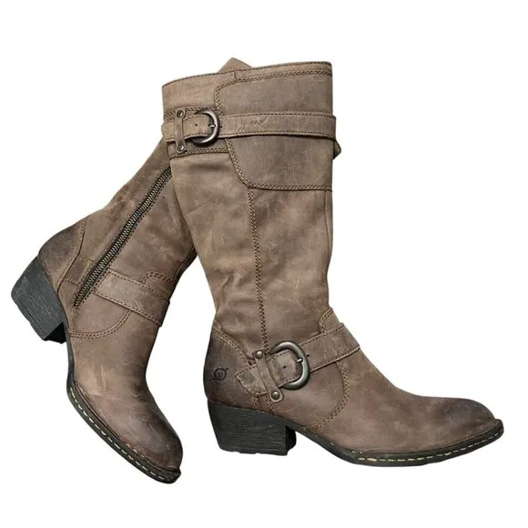 Born Brown Leather Mid-Calf Buckle Western Heeled Boots Size 7.5