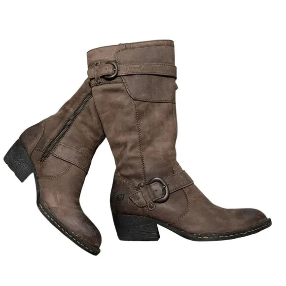 Born Brown Leather Mid-Calf Buckle Western Heeled Boots Size 7.5