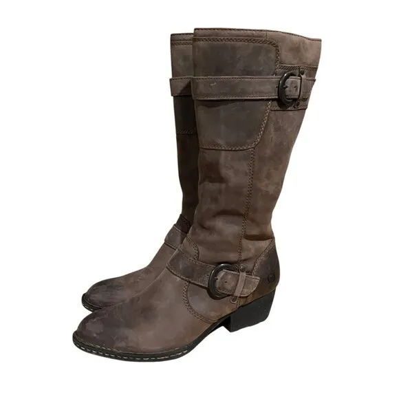 Born Brown Leather Mid-Calf Buckle Western Heeled Boots Size 7.5