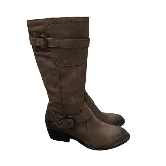 Born Brown Leather Mid-Calf Buckle Western Heeled Boots Size 7.5