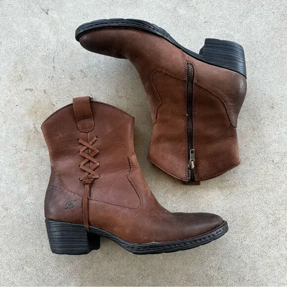 Born Karin Brown Leather Western Cowboy Ankle Boots Women’s Sz 7.5
