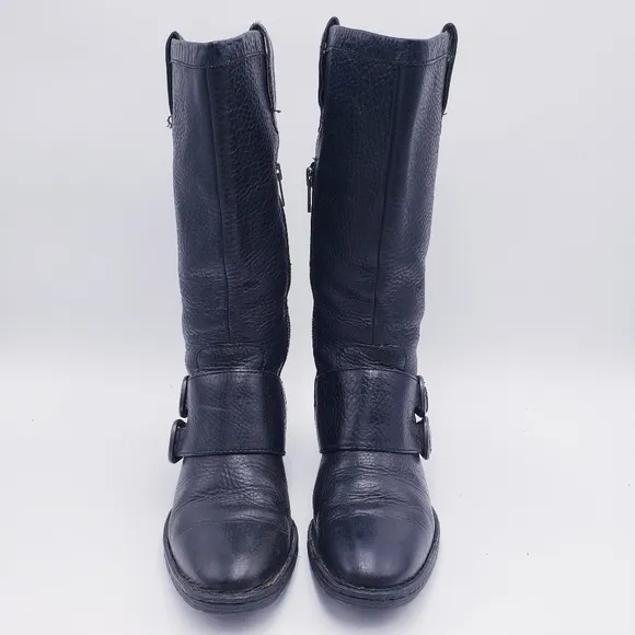 Born Womens Size 7 Magda Knee High Tall Riding Boots Black Leather Moto Buckle