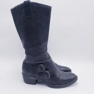 Born Womens Size 7 Magda Knee High Tall Riding Boots Black Leather Moto Buckle