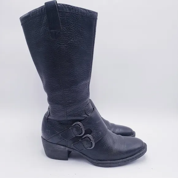 Born Womens Size 7 Magda Knee High Tall Riding Boots Black Leather Moto Buckle