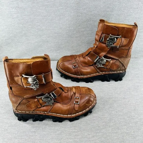 BOSETON 1809-1 295 Brown Leather Skull &amp; Bones Motorcycle Boots Men's Size 13 B3