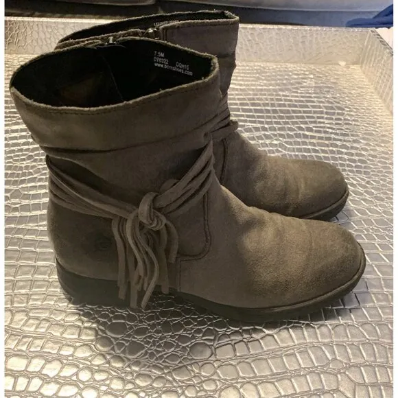 Børn Born Cross Casual Zip Ankle Boots Gray Leather Fringe Size 7.5 M