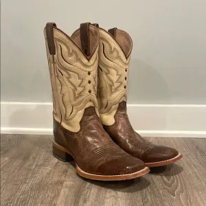 Brown and Cream Cowboy Western Boots with Decorative Stitching