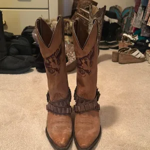 Brown Heeled Boots with Distressed Leather and Harness Details